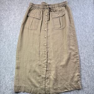 Nicole Miller Women's XL 100% Linen Drawstring‎ Olive Button Front Long Skirt
